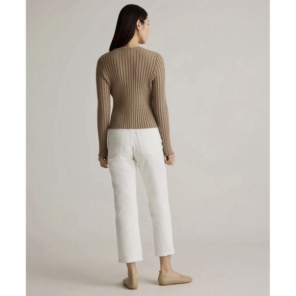 Quince Eco Knit Cropped Rib Button Front Cardigan Warm Taupe EUC Size M - Picture 3 of 10